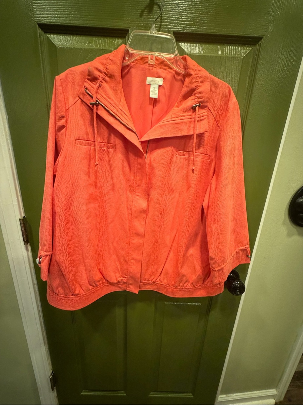 Chico's Coral Utility Jacket with Hood and Zip Front